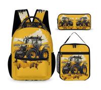 WECECE Set Zaini Tractor Studenti con Borsa Termica e Astuccio per Matite, Zaino Car Pattern Bambino 7-12 Anni per Scuola e Attività Quotidiane