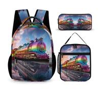 WECECE Set Zaini Train Bambini con Sacchetto per Pranzo e Astuccio, Borsa Scuola Railway Train Ragazza 7-12 Anni per Primaria e Rientro a Scuola