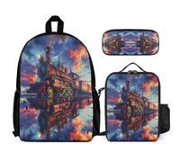 WECECE Set Zaini Train Ragazzo con Portapranzo e Astuccio, Borsa Scolastica Railway Train Studenti 6-12 Anni per Forniture Scolastiche, Capiente per Libri Quaderni e Accessori