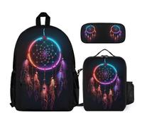 WECECE Set Zaini Tribal Dreamcatcher Studenti con Borsa Termica e Astuccio, Borsa Scuola Feather Print Ragazza 6-12 Anni per Forniture Scolastiche