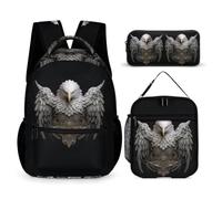 WECECE Set Zaini White Headed Eagle Bambina 3 Pezzi con Borsa Termica e Astuccio, Borsa Scuola Bird Theme Ragazzo 6-10 Anni per Back to School
