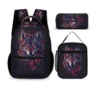 WECECE Set Zaini Wolf Ragazzo con Borsa Termica e Astuccio Matite, Zaino Scuola Animal Wolves Bambina 6-11 Anni per Viaggio e Uso Quotidiano, Tasche Laterali Porta Bottiglia