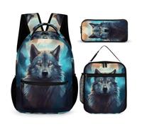 WECECE Set Zaini Wolf Studenti con Borsa Termica e Astuccio, Borsa Scuola Animal Wolves Bambino 8-13 Anni per Primaria e Tempo Libero
