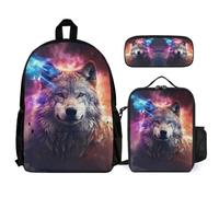 WECECE Set Zaini Wolves Bambino con Sacchetto per Pranzo e Astuccio, Borsa Scuola Animal Wolf Studenti Classe 3-5 per Tempo Libero