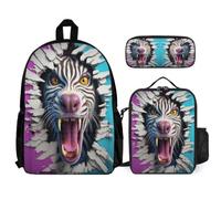 WECECE Set Zaini Zebra Bambina con Portapranzo e Astuccio Matite, Borsa Scuola Animal 3D Bambino 6-12 Anni per Scuola Primaria, Regalo di Compleanno, Spallacci Regolabili