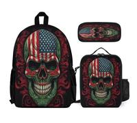 WECECE Zainetto American Flag Skeleton Bambina per Scuola Primaria con Borsa Termica e Astuccio, Zaino Scuola Skull Ragazzi 8-15 Anni per Ragazze