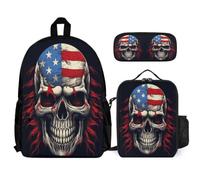 WECECE Zainetto American Flag Skeleton Studenti 3 Pezzi con Sacchetto Pranzo e Astuccio, Set Zaini Skull Ragazzi 8-15 Anni per Primaria