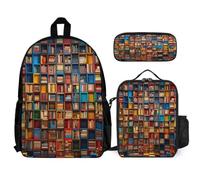 WECECE Zainetto Bookshelf Print Bambina con Borsa Termica e Astuccio Matite, Zaino Scuola Book Lovers Ragazzi 8-15 Anni per Scuola Elementare e Media