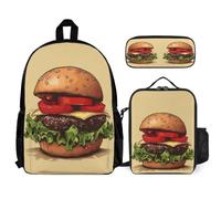 WECECE Zainetto Burger Print Ragazza con Borsa Termica e Astuccio, Borsa Scuola Food Pattern Bambini 7-13 Anni per Scuola Elementare e Viaggio