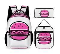 WECECE Zainetto Burger Print Ragazze con Sacchetto per Pranzo e Astuccio, Borsa Scuola Food Pattern Bambina 6-11 Anni per Tempo Libero, Capiente Libri Quaderni e Accessori Scolastici