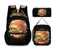 WECECE Zainetto Burger Print Ragazzi con Portapranzo e Astuccio Matite, Set di Zaino Food Pattern Bambina 6-11 Anni per Uso Quotidiano