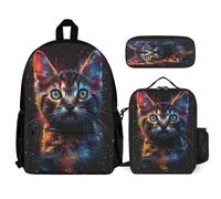 WECECE Zainetto Cat Studenti con Borsa Termica e Astuccio, Zaino Scuola Animal Kitten Print Ragazza 6-11 Anni per Primaria e Back to School