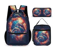 WECECE Zainetto Dolphin Bambina con Portapranzo e Astuccio, Borsa Scuola Sea Creature Ragazzi 7-12 Anni per Elementare, Regalo Back to School, Tasche Laterali Porta Bottiglia