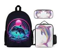 WECECE Zainetto Dolphin Dolphin Bambini con Borsa Termica e Astuccio, Set di Zaino Sea Creature Bambina 7-14 Anni per Back to School e Attività Quotidiane