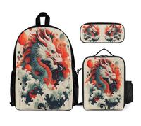 WECECE Zainetto Dragon Ragazzo con Borsa Termica e Astuccio, Borsa Scolastica Ragazze 6-10 Anni per Primaria e Uso Giornaliero