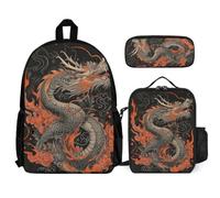WECECE Zainetto Dragon Studenti 3 Pezzi con Sacchetto Pranzo e Astuccio, Set Zaini Ragazzi per Primaria 8-15 Anni e Scuola Media