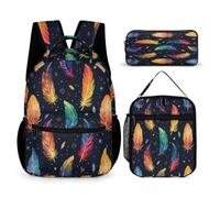 WECECE Zainetto Feather Print Ragazze con Sacchetto per Pranzo e Astuccio, Borsa Scuola Colourful Bambina 6-11 Anni per Tempo Libero, Capiente Libri Quaderni e Accessori Scolastici