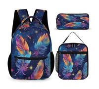 WECECE Zainetto Feather Print Ragazzo con Portapranzo e Astuccio, Borsa Scuola Colourful Bambina 7-12 Anni per Viaggio e Tempo Libero