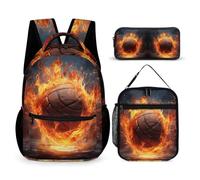 WECECE Zainetto Fire Basketball Ragazze 3 Pezzi con Borsa Termica e Astuccio, Zaino Scuola Basketball Bambino 6-11 Anni per Scuola Elementare