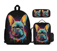 WECECE Zainetto French Bulldog Studenti con Sacchetto per Pranzo e Astuccio, Borsa Scolastica Dog Animal Ragazze 7-14 Anni, Regalo per il Ritorno a Scuola, Spallacci Regolabili