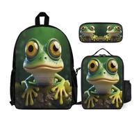 WECECE Zainetto Frog Ragazza con Borsa Termica e Astuccio, Borsa Scuola Ugly Bambini 7-13 Anni per Scuola Elementare e Viaggio