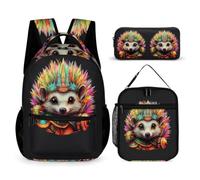 WECECE Zainetto Hedgehog Ragazze con Borsa Termica e Astuccio, Borsa Scolastica Animal Print Bambino 6-12 Anni per Uso Quotidiano e Tempo Libero, Tasche Laterali Porta Bottiglia