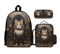WECECE Zainetto Kitten Studenti 3 Pezzi con Sacchetto Pranzo e Astuccio, Set Zaini Cat Ragazzi per Primaria 8-15 Anni e Scuola Media