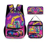 WECECE Zainetto Mechanical Engineering Vehicle Ragazzi con Portapranzo e Astuccio Matite, Set di Zaino Tractor Bambina 6-11 Anni per Uso Quotidiano