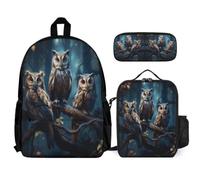 WECECE Zainetto Owl Ragazza con Sacchetto Pranzo e Astuccio, Zaino Scuola Bird Theme Bambini per Elementare 6-13 Anni, Adatto a Viaggio e Lezioni