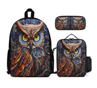 WECECE Zainetto Owl Studenti 3 Pezzi con Sacchetto Pranzo e Astuccio, Set Zaini Bird Theme Ragazzi 8-15 Anni per Primaria