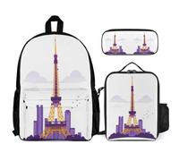 WECECE Zainetto Paris Tower Bambini con Borsa Termica e Astuccio, Set di Zaino Bambina 7-14 Anni per Back to School e Attività Quotidiane