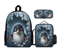 WECECE Zainetto Penguin Bambini con Borsa Termica e Astuccio, Set di Zaino Penguin 3D Theme Bambina 7-14 Anni per Back to School e Attività Quotidiane
