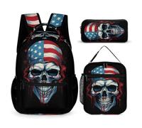 WECECE Zainetto Skeleton American Flag Studenti con Sacchetto Pranzo e Astuccio Matite, Set Zaini Skull Ragazzi 8-15 Anni per Scuola Media e Primaria