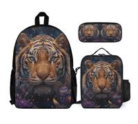 WECECE Zainetto Tiger Studenti 3 Pezzi con Sacchetto Pranzo e Astuccio, Set Zaini Animal Print Ragazzi 8-15 Anni per Primaria