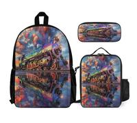 WECECE Zainetto Train Ragazza con Borsa Termica e Astuccio, Borsa Scuola Railway Train Bambini 7-13 Anni per Scuola Elementare e Viaggio