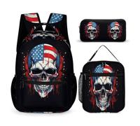 WECECE Zaino American Flag Skeleton Bambini 3 Pezzi con Sacchetto per Pranzo e Astuccio Matite, Zainetto Skull Bambina per Scuola Elementare 6-11 Anni