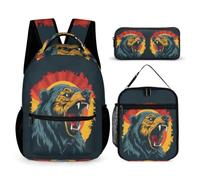 WECECE Zaino Bear Bambino con Borsa Termica e Astuccio, Zaino Scuola German Flag Theme Studenti per Classe 3-5, Scuola Primaria 8-13 Anni