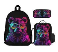 WECECE Zaino Bear Pattern Ragazzo con Sacchetto Pranzo Astuccio, Borsa Scolastica Animal Print Bambini 8-13 Anni per Escursioni e Lezioni, Capiente per Libri Quaderni e Accessori
