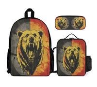 WECECE Zaino Bear Ragazzi Scuola Primaria 3 Pezzi con Borsa Termica e Astuccio, Zainetto German Flag Theme Bambina 8-13 Anni per Uso Quotidiano