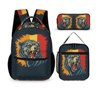 WECECE Zaino Bear Scuola Primaria Bambina Zaini 3 Pezzi con Borsa Termica e Astuccio Zaino German Flag Theme Kawaii per la Scuola Elementare e Media per Ragazzo