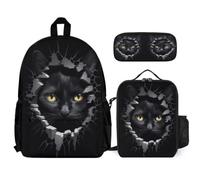 WECECE Zaino Black Cat Ragazze Scuola Elementare con Borsa Termica e Astuccio, Zaino Scuola 3D Kitten Bambino 6-12 Anni per Uso Giornaliero