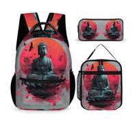 WECECE Zaino Buddha Statue Ragazzi con Sacchetto per Pranzo e Astuccio, Zainetto Bambina per Classe 2-5, Scuola Primaria 8-13 Anni