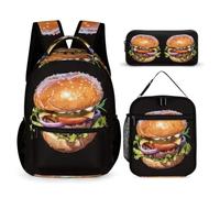 WECECE Zaino Burger Print Bambino per Classe 2-5 con Borsa Termica e Astuccio, Zaino Scuola Food Pattern Studenti 8-13 Anni per Lezioni
