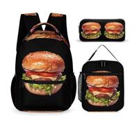 WECECE Zaino Burger Print Ragazzi con Sacchetto per Pranzo e Astuccio, Zainetto Food Pattern Bambina per Classe 2-5, Scuola Primaria 8-13 Anni