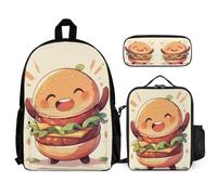 WECECE Zaino Burger Print Scuola Elementare Bambina 3 Pezzi, Set Zaini Food Pattern Ragazzi Set 6-14 anni con Sacchetto per Pranzo e Astuccio Matite, Zainetto Ragazza per Scuola