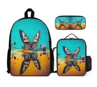 WECECE Zaino Butterfly Ragazzo con Sacchetto Pranzo Astuccio, Borsa Scolastica Colourful Bambini 8-13 Anni per Escursioni e Lezioni, Capiente per Libri Quaderni e Accessori