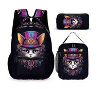 WECECE Zaino Cat Bambino per Classe 2-5 con Borsa Termica e Astuccio, Zaino Scuola Kitten Animal Studenti 8-13 Anni per Uso Scolastico