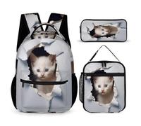 WECECE Zaino Cat Scuola Elementare Bambino 3 Pezzi, Set Zaini 3D Kitten Bambina Set 6-11 anni con Sacchetto per Pranzo e Astuccio per Matite, Zainetto Ragazza Scuola