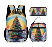 WECECE Zaino Christmas Tree Print Bambino per Classe 2-5 con Borsa Termica e Astuccio, Zaino Scuola Studenti 8-13 Anni per Lezioni