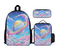 WECECE Zaino Colourful Planet Bambino con Sacchetto Pranzo Astuccio Matite, Borsa Scuola Rainbow Ragazze 8-15 Anni per Scuola Media e Viaggio, Spallacci Regolabili e Tasche Laterali